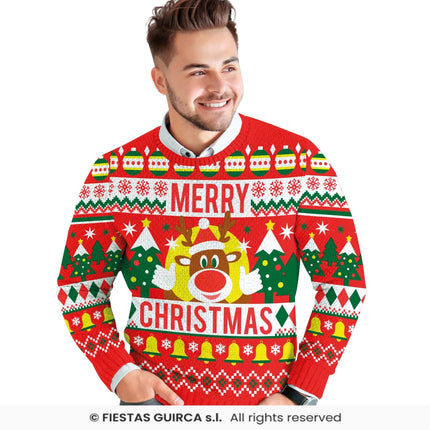 Feestbazaar Foute Kerst Sweater Merry Christmas Rendier Rood Heren