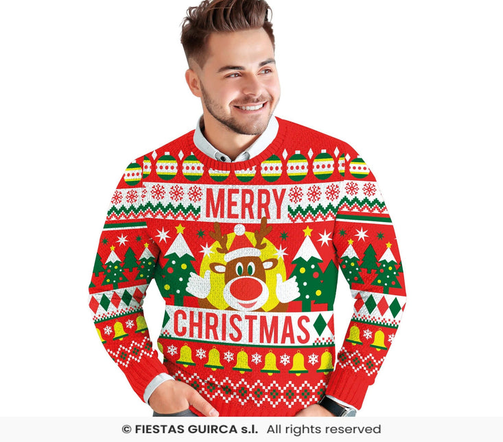 Feestbazaar Foute Kerst Sweater Merry Christmas Rendier Rood Heren