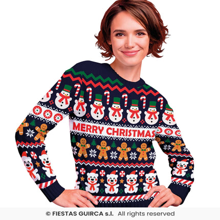 Feestbazaar Foute Kerst Sweater Merry Christmas Sneeuwpop Blauw Dames