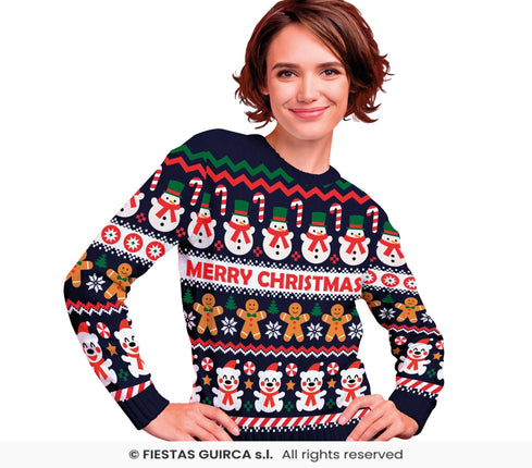 Feestbazaar Foute Kerst Sweater Merry Christmas Sneeuwpop Blauw Dames