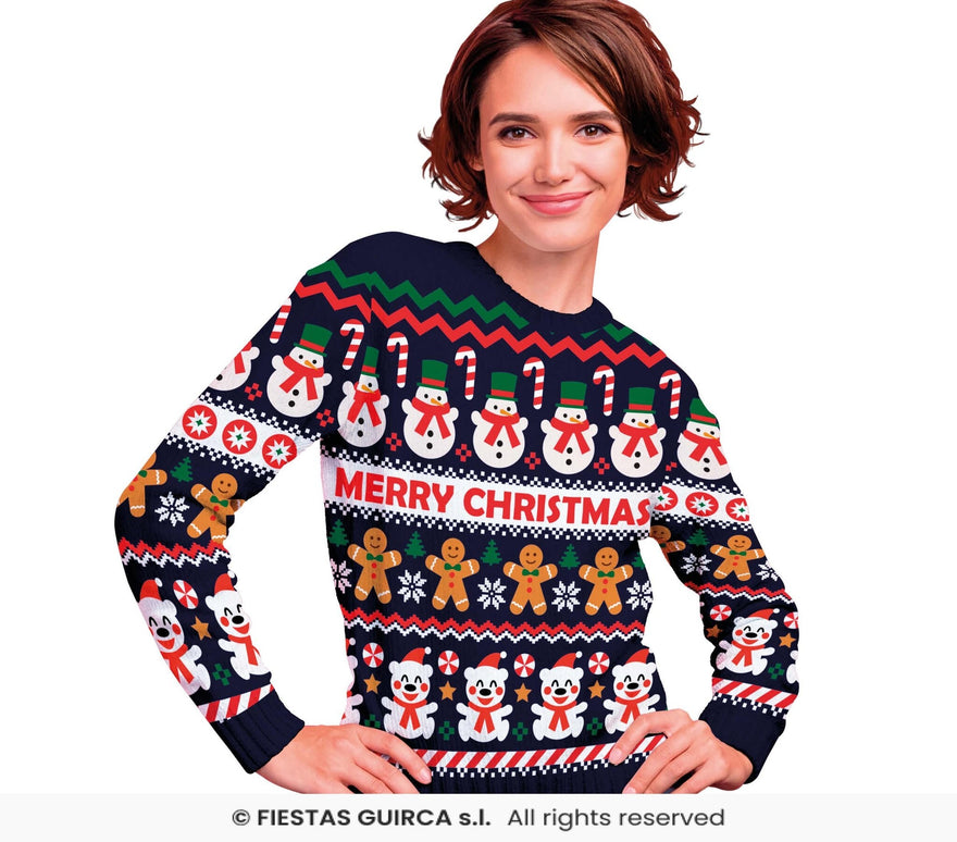 Feestbazaar Foute Kerst Sweater Merry Christmas Sneeuwpop Blauw Dames