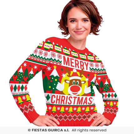 Feestbazaar Foute Sweater Merry Christmas Rendier Rood Dames