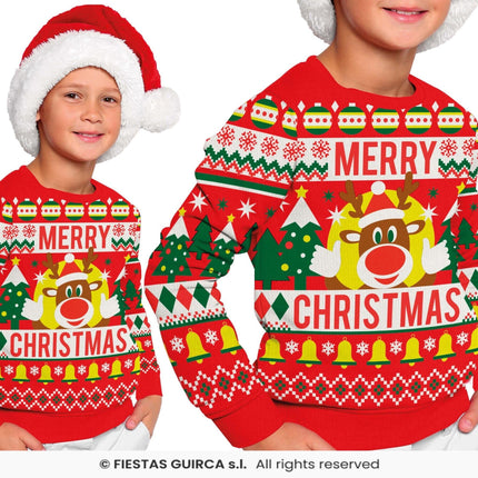 Feestbazaar Foute Sweater Merry Christmas Rendier Rood Kind