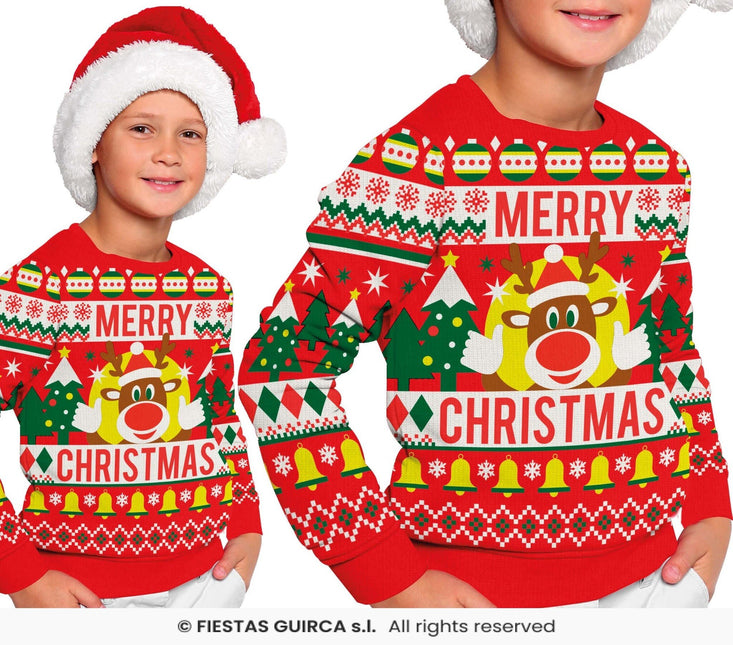 Feestbazaar Foute Sweater Merry Christmas Rendier Rood Kind