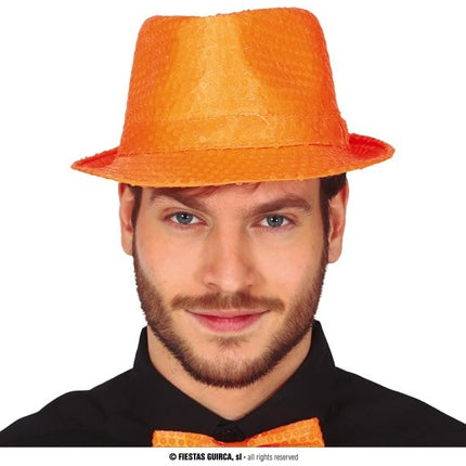 Feestbazaar Gangsterhoed Pailletten Neon Oranje