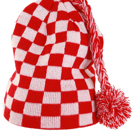 Feestbazaar Gebreide Muts Geblokt rood/wit met flosje