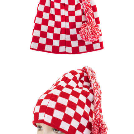Feestbazaar Gebreide Muts Geblokt rood/wit met flosje