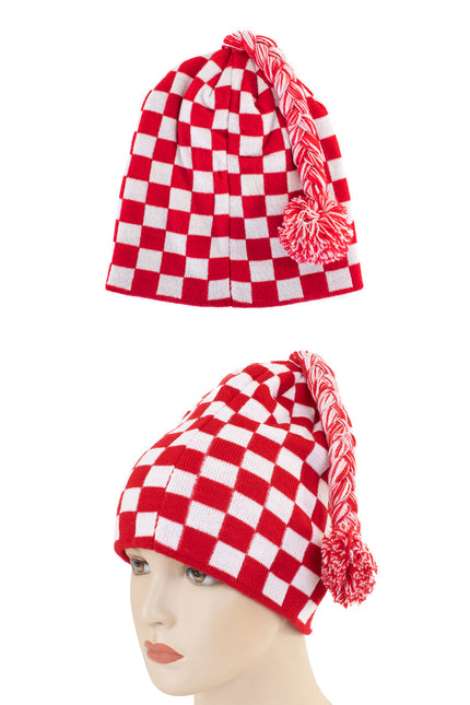 Feestbazaar Gebreide Muts Geblokt rood/wit met flosje