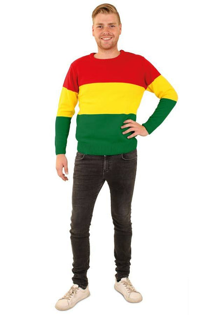 Feestbazaar Gebreide trui rood/geel/groen gestreept unisex