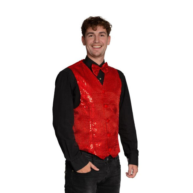 Feestbazaar Gilet Pailletten Rood met Strik