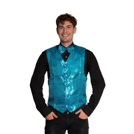 Feestbazaar Gilet Pailletten Turquoise met Strik