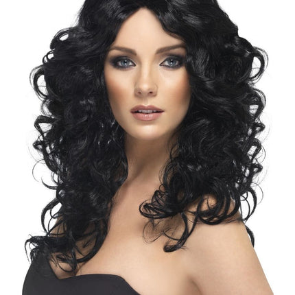 Feestbazaar Glamour pruik lang zwart Curly