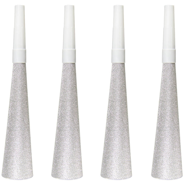 Feestbazaar Glitter feesttoeters Zilver - 4 Stuks