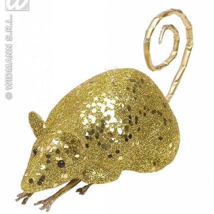 Feestbazaar Glitter muis goud 12cm