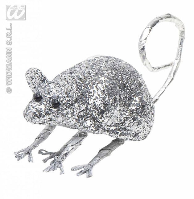 Feestbazaar Glitter muis zilver 8,5cm