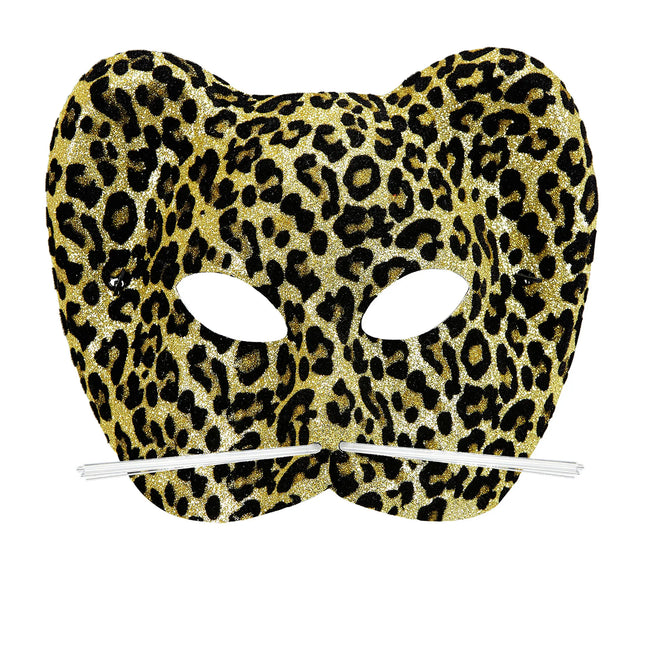 Feestbazaar Glitter Oogmasker Luipaard Groot Met Snorharen Goud