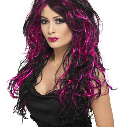 Feestbazaar Gothic bruid pruik zwart/roze