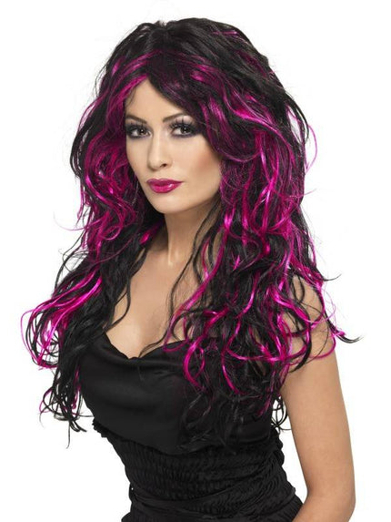 Feestbazaar Gothic bruid pruik zwart/roze
