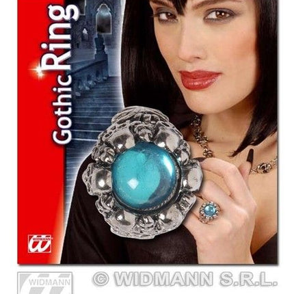 Feestbazaar Gothic schedelring met lichtblauwe gemsteen