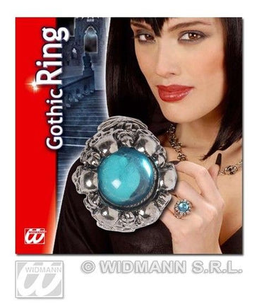 Feestbazaar Gothic schedelring met lichtblauwe gemsteen