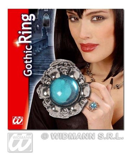 Feestbazaar Gothic schedelring met lichtblauwe gemsteen