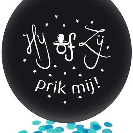 Feestbazaar Grote Ballon Gender Reveal Hij of Zij Prik Mij met blauwe confetti