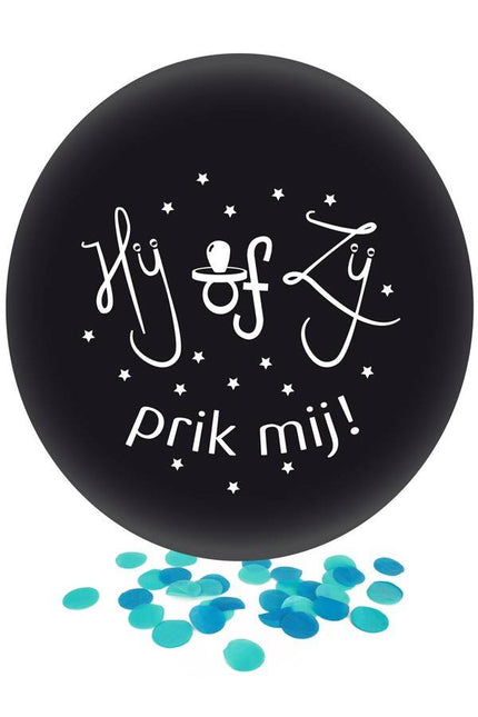 Feestbazaar Grote Ballon Gender Reveal Hij of Zij Prik Mij met blauwe confetti