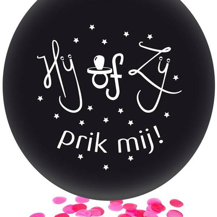 Feestbazaar Grote Ballon Gender Reveal Hij of Zij Prik Mij met roze confetti