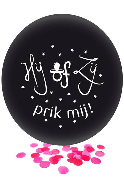 Feestbazaar Grote Ballon Gender Reveal Hij of Zij Prik Mij met roze confetti