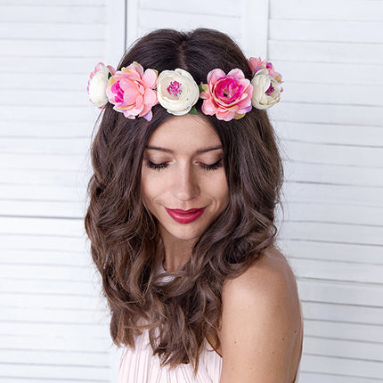 Feestbazaar Haarband Bloemen Roze/Wit Luxe