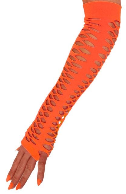 Feestbazaar Handschoenen grote gaten fluor oranje 40cm