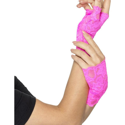 Feestbazaar Handschoenen Neon Roze Kant