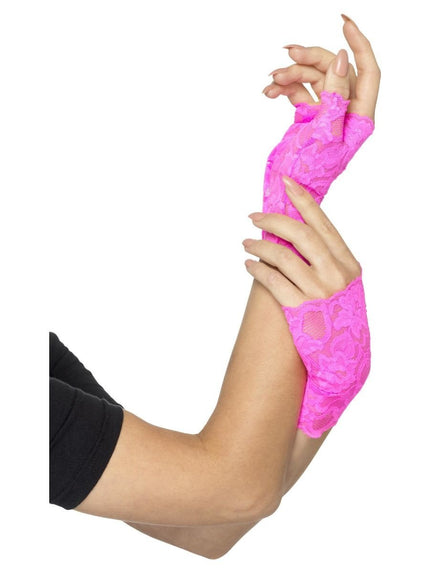 Feestbazaar Handschoenen Neon Roze Kant