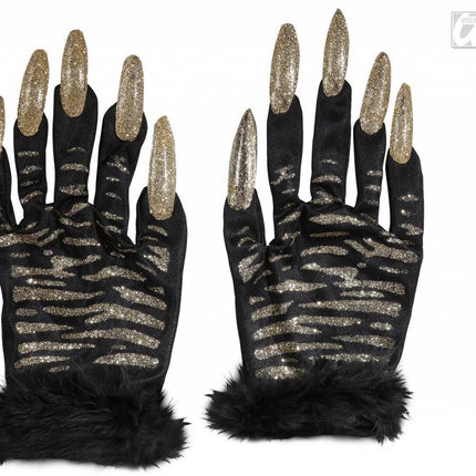 Feestbazaar Handschoenen tijger met gouden glitternagels