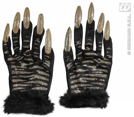 Feestbazaar Handschoenen tijger met gouden glitternagels