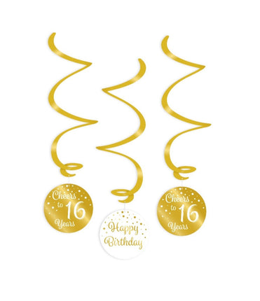 Feestbazaar Hangdecoratie Swirls 16 Jaar Goud/Wit (3st)