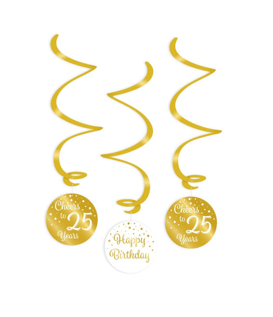 Feestbazaar Hangdecoratie Swirls 25 Jaar Goud/Wit (3st)