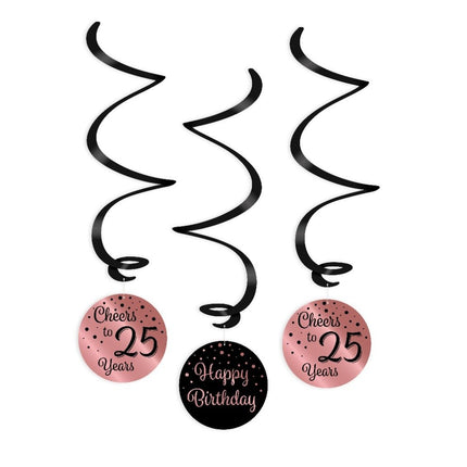 Feestbazaar Hangdecoratie Swirls 25 Jaar Roségoud/Zwart (3st)