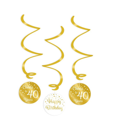 Feestbazaar Hangdecoratie Swirls 40 Jaar Goud/Wit (3st)