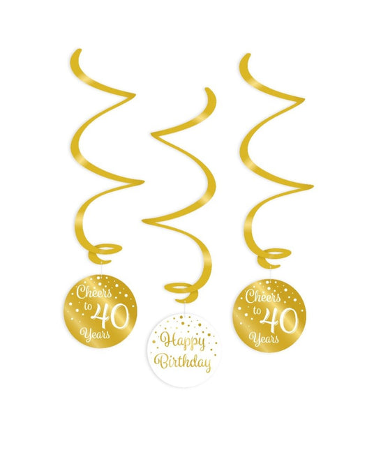 Feestbazaar Hangdecoratie Swirls 40 Jaar Goud/Wit (3st)
