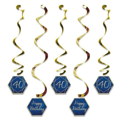 Feestbazaar Hangdecoratie Swirls 40 jaar Navy Blauw/ Goud (5st)