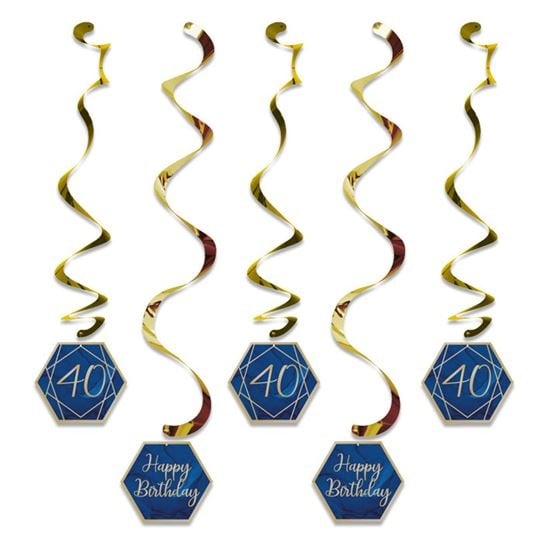 Feestbazaar Hangdecoratie Swirls 40 jaar Navy Blauw/ Goud (5st)