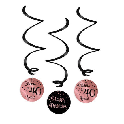 Feestbazaar Hangdecoratie Swirls 40 Jaar Roségoud/Zwart (3st)