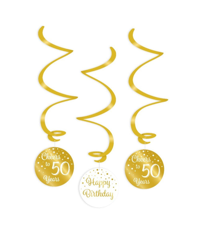 Feestbazaar Hangdecoratie Swirls 50 Jaar Goud/Wit (3st)