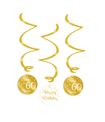 Feestbazaar Hangdecoratie Swirls 60 Jaar Goud/Wit (3st)