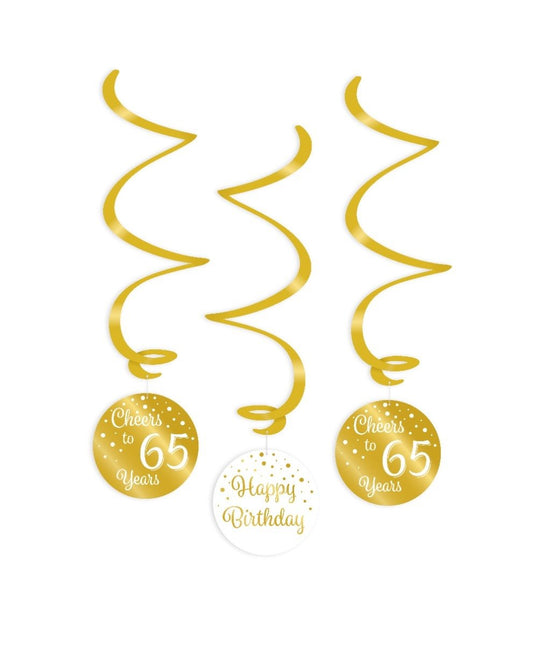 Feestbazaar Hangdecoratie Swirls 65 Jaar Goud/Wit (3st)