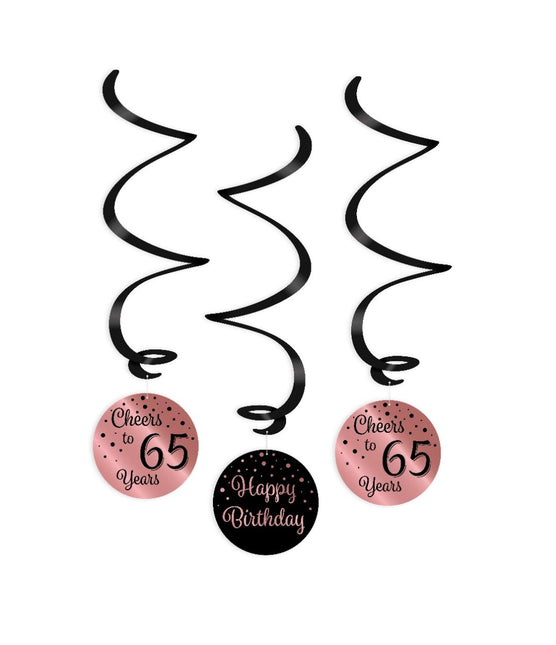 Feestbazaar Hangdecoratie Swirls 65 Jaar Roségoud/Zwart (3st)