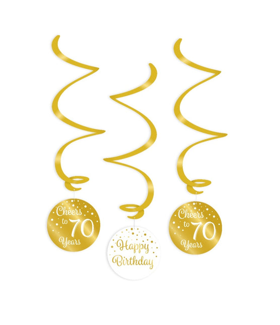 Feestbazaar Hangdecoratie Swirls 70 Jaar Goud/Wit (3st)