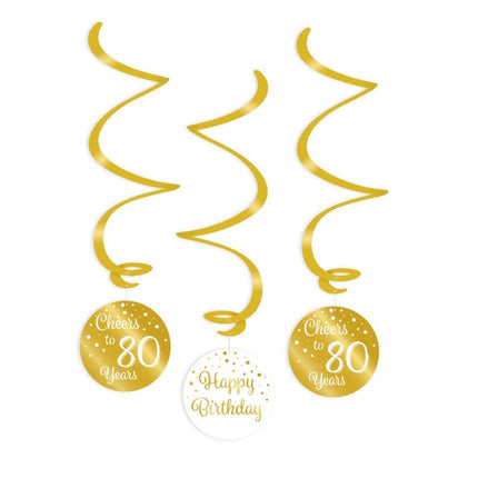 Feestbazaar Hangdecoratie Swirls 80 Jaar Goud/Wit (3st)