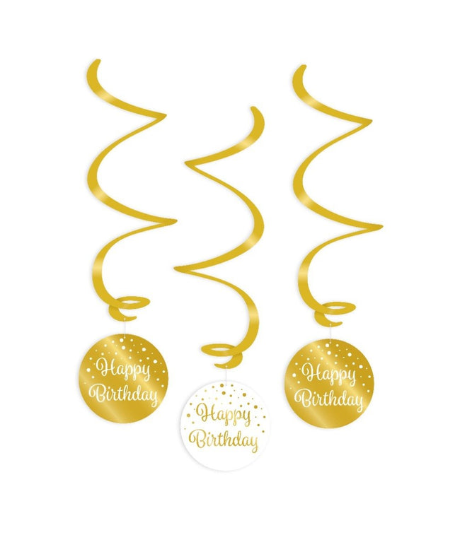 Feestbazaar Hangdecoratie Swirls Happy Birthday Goud/Wit  (3st)